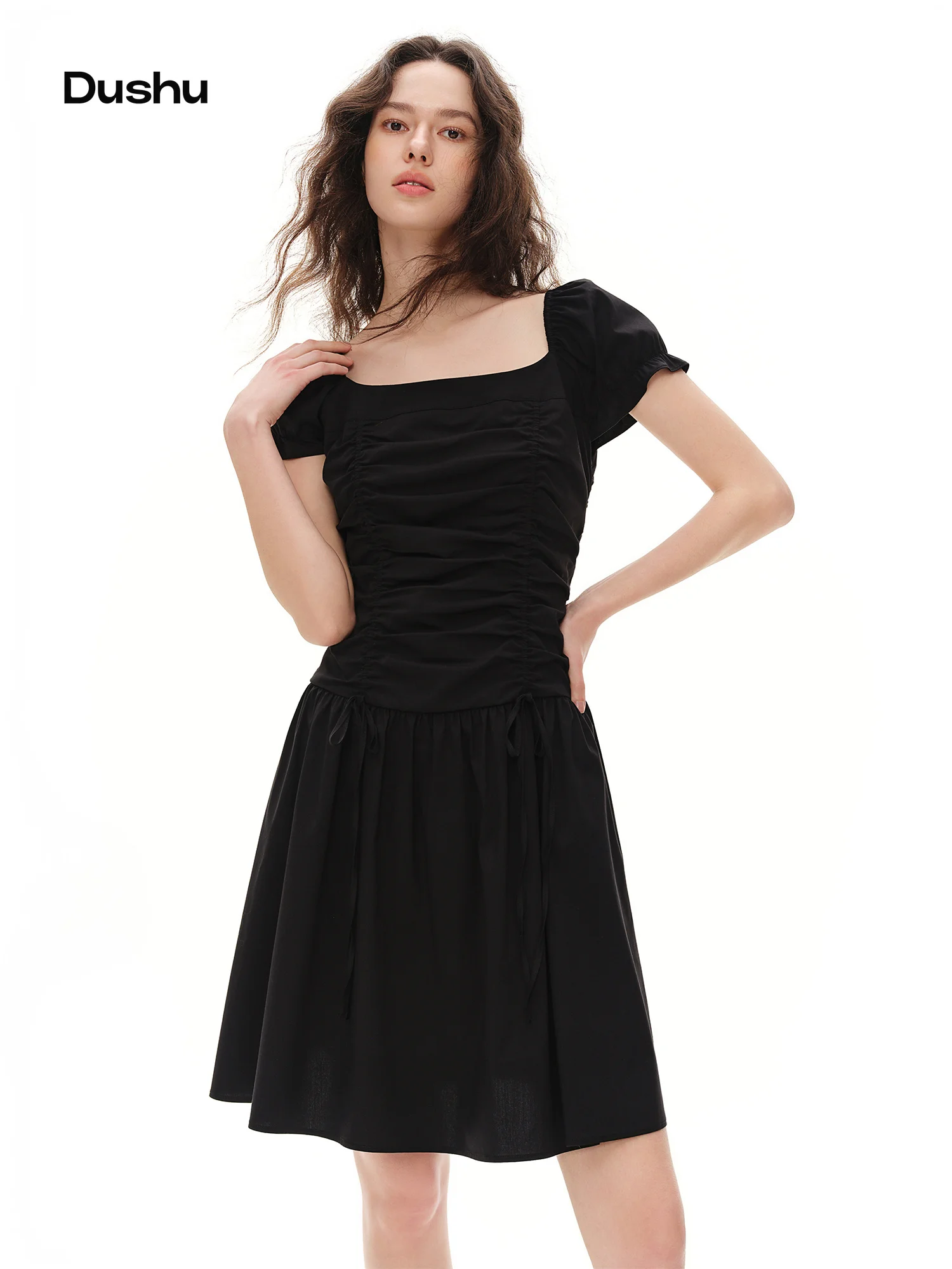 Robe de soirée DUSHU pour femme, style français, col carré-ronde, manches bouffantes, design froncé, coupe ajustée, multi-tailles, qui flattera la silhouette