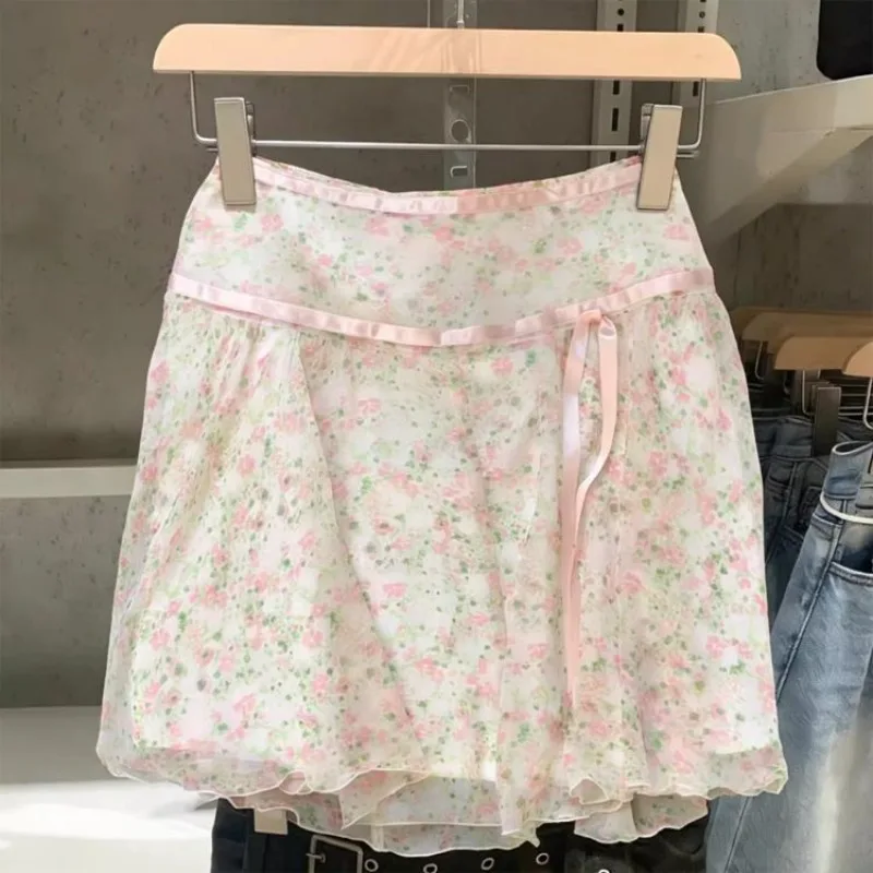 

Летняя милая мини-юбка с цветочным принтом, женская элегантная винтажная юбка А-силуэта с высокой талией, повседневная модная юбка в стиле Харадзюку Кавайи, новинка