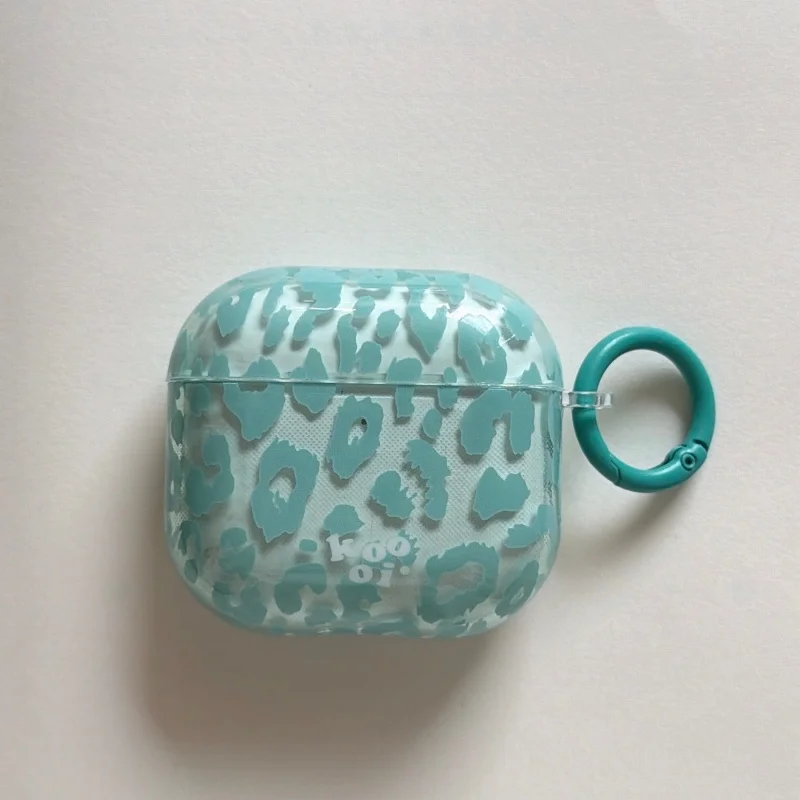 Green Leopard Pattern IMD Anti-fall Earphone Case with Ring for Airpods 1, 2, 3, 4, Pro, Pro2, Pro3