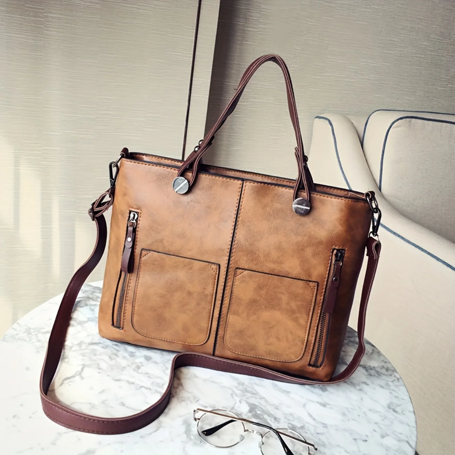 

Vintage Style Women's PU Leather Handbag, Large Capacity Casual Tote With Shoulder Strap, Retro Crossbody Bag With Multiple Pock