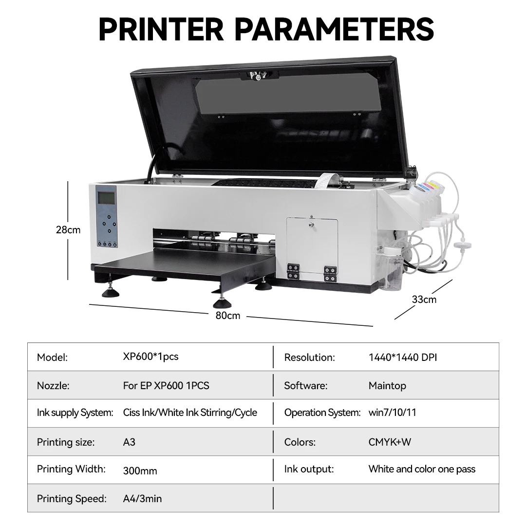 DTF Printer A3 XP600 Transfer Printer with Roll Feeder Direct to Film Print Preheating T-Shirt Printing Machine for DIY Fabrics