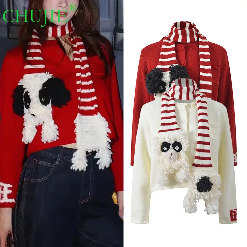 

CHUJIE 2025 Autumn Winter New Design Gentle Age-reducing Round Neck Short Versatile Christmas Style Knitted Scarf + Cardigan Top