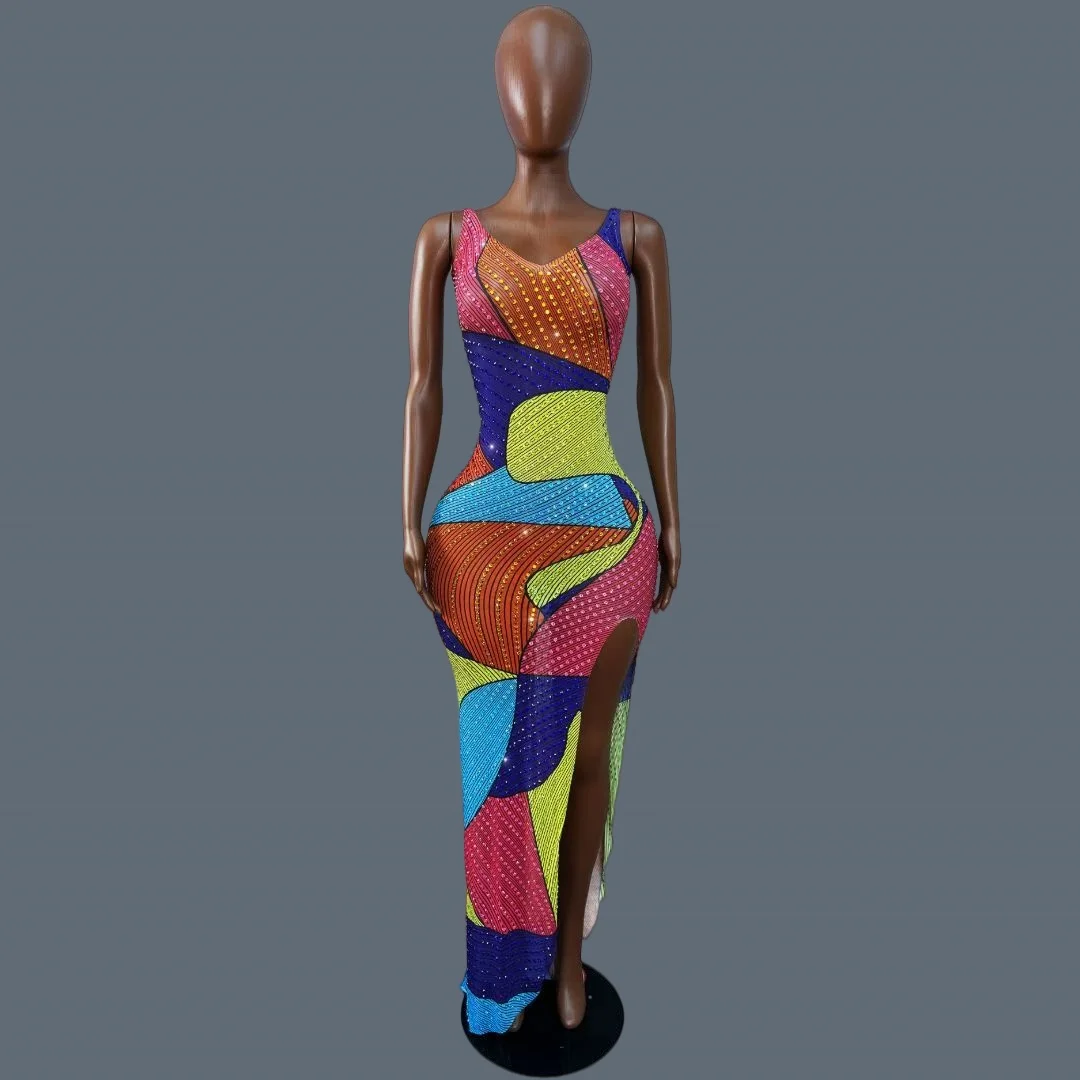 

Sparkly Crystals Color Blocking Sexy Mesh Long Dress Women Celebrate Birthday Party Prom Evening Dress Photo Shoot Wear Pinsehua