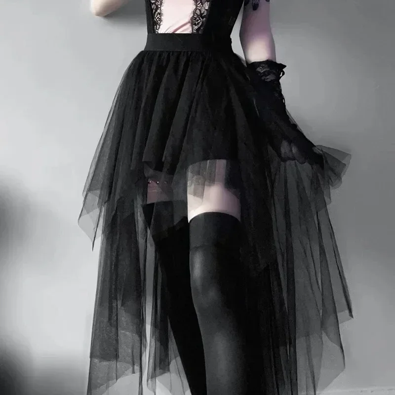 Black Irregular Mesh Skirt Women Y2K Gothic Skirt Front Short Back Long Design Elastic Waist Streetwear Fashion Outfit