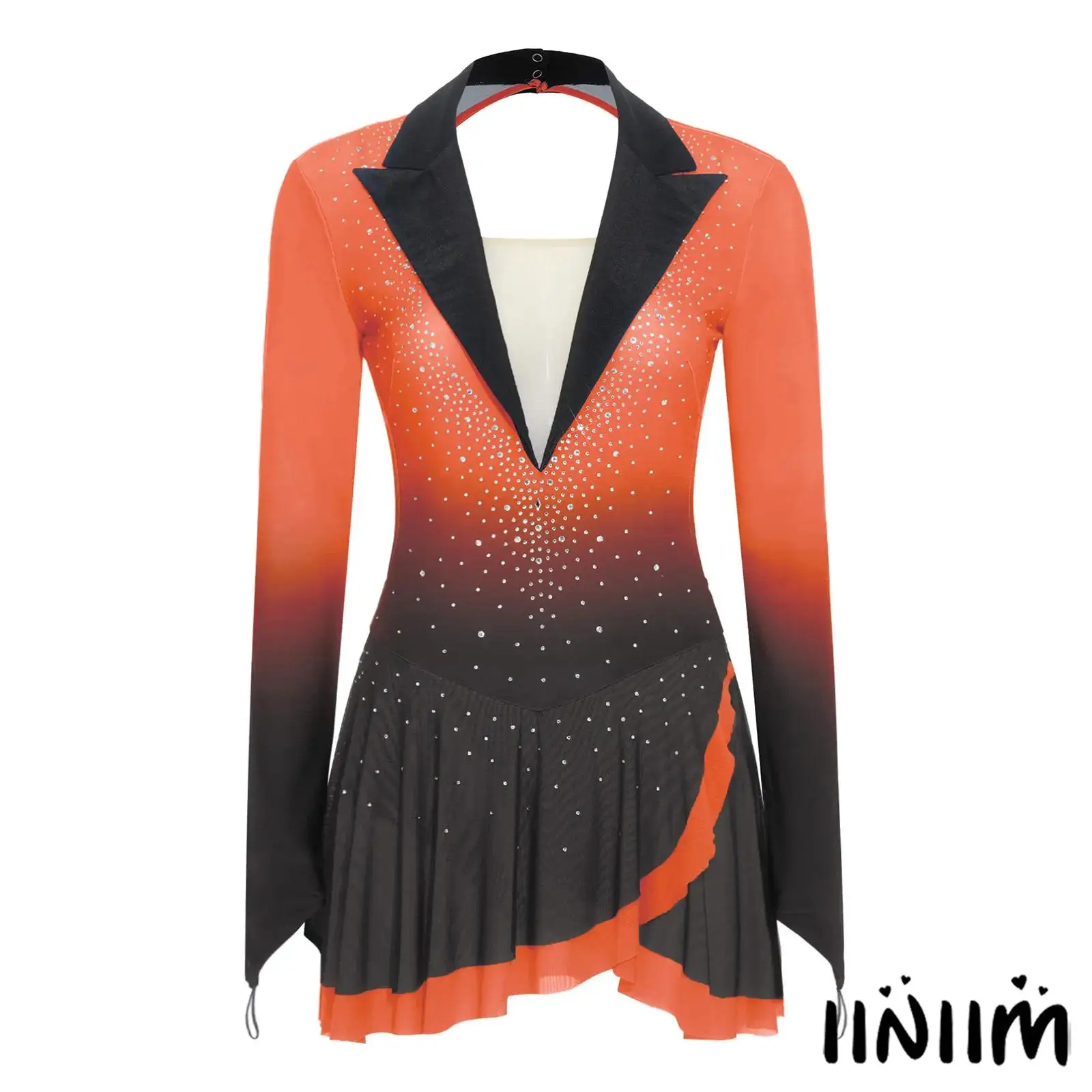

Rhinestone Gradient Ice Figure Skating Dress for Women Long Sleeve Backless Color Block Bodysuit Ballet Jazz Dance Leotard Dress