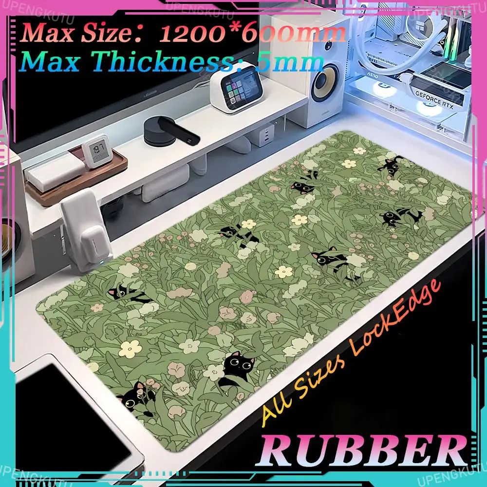 Gato Verde Arte Estética Mousepad, Grande Anime Teclado Pad, Tapete De Mesa, Tapete De Escritório, Borda De Bloqueio De Borracha, Personalizado