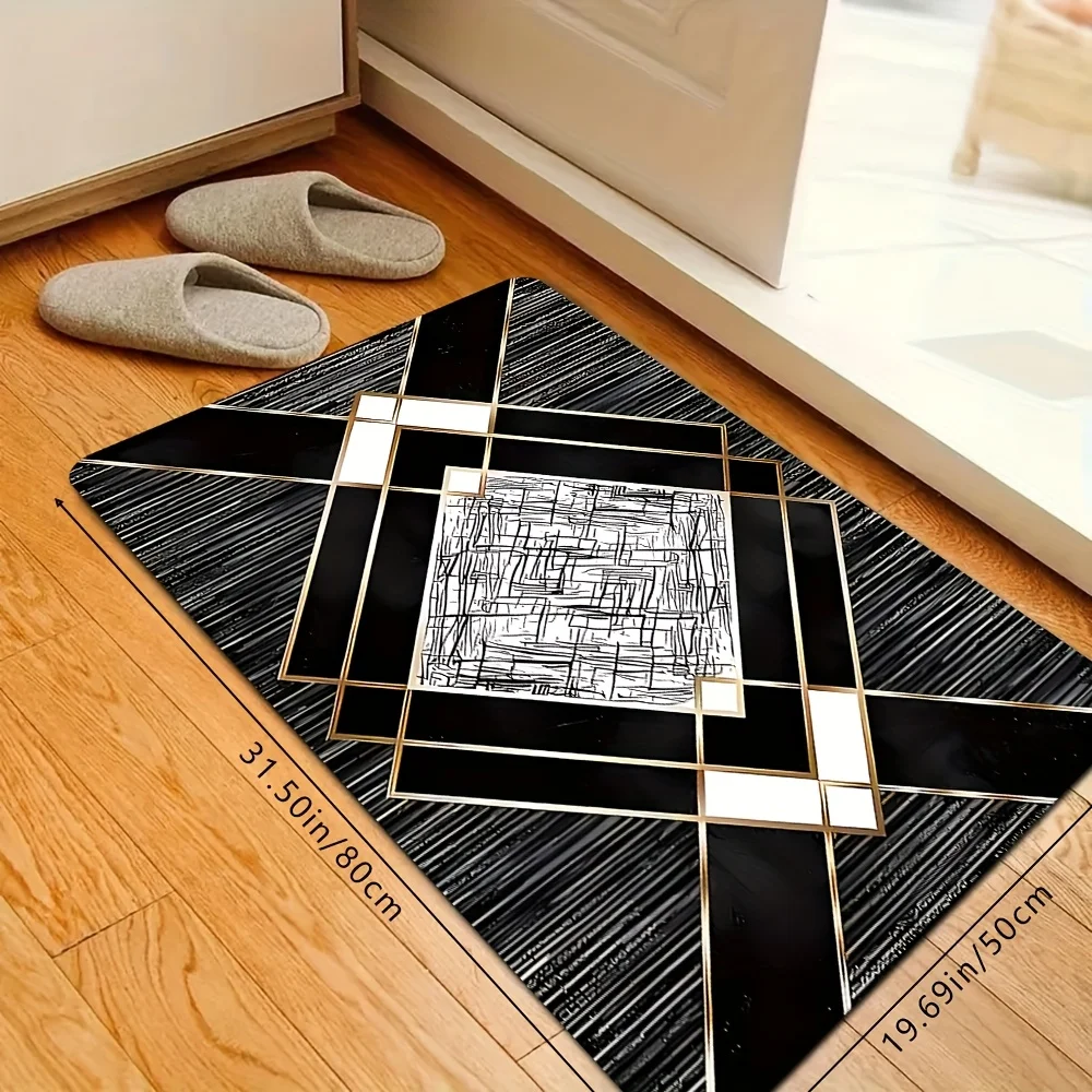VIKAMA Black Gold Geometric Doormat Modern Grid Pattern Non Slip Washable Front Door Rug Minimalist Indoor Home Entrance Decor