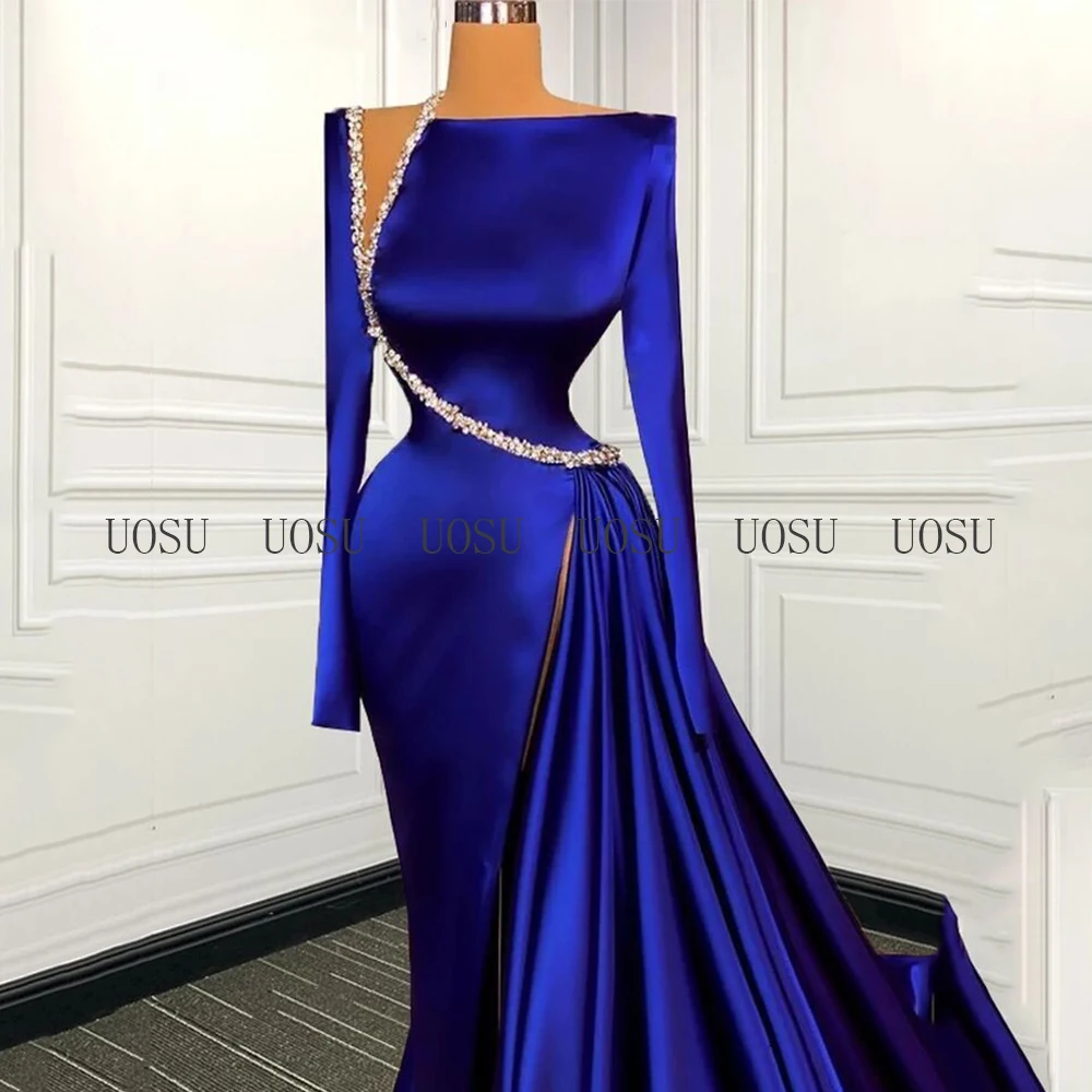 Dark Royal Blue ชุดราตรีหรูหราแขนยาว Mermaid Evening Dresses สำหรับผู้หญิง Beading Draped ซาตินอย่างเป็นทางการ Gwons 2022