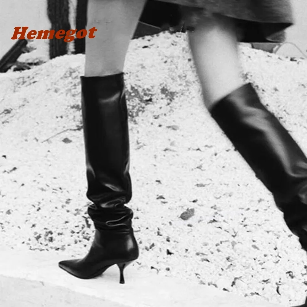 

Strange Style Knee High Boots Genuine Leather Pointy Toe Long Boots for Women Winter Slip On Pleated Fashion Shoes Luxury Black
