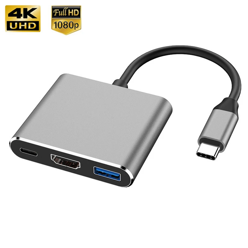 Station d'accueil USB 3.0 compatible USB Type-C vers HDMI, HUB 3 en 1, répartiteur d'adaptateur de charge 4K, USBC3.0