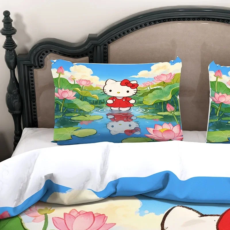 Hello Kitty 3Pcs Bed Set, 3D Lotus Pond Nature Flower Microfiber Duvet Cover With 2 Pillowcases For Girls Bedroom