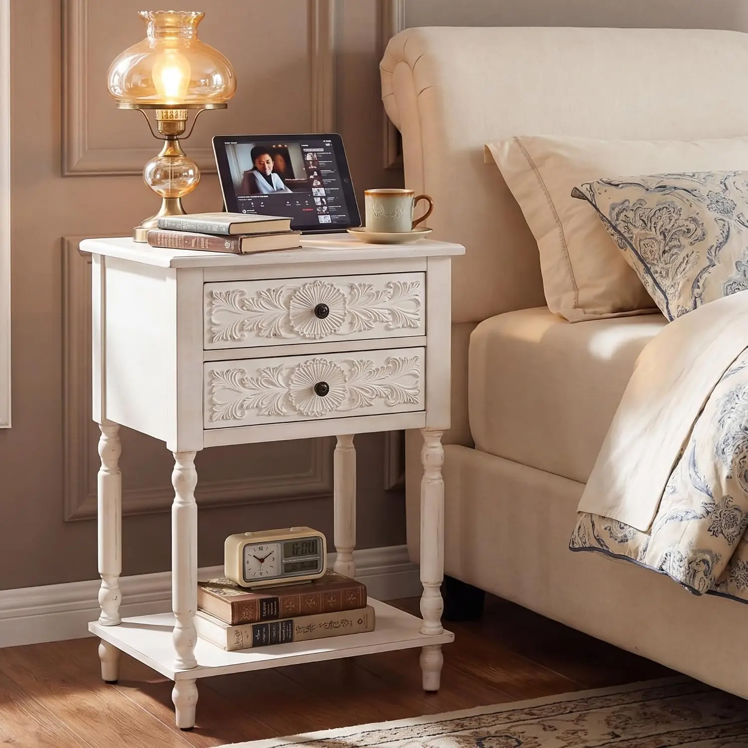 White 2-Drawer Nightstand Open Shelf 28.5 Inch French Vintage Bedside Table Hand-Carved Floral End Table Living Room, Customized