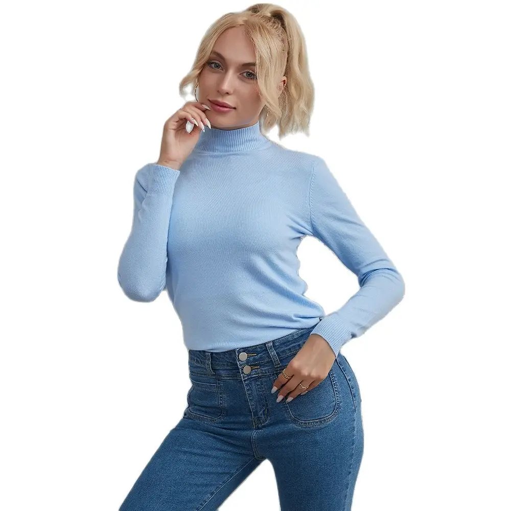 Camisola de gola alta com ajuste simples feminino, top versátil, monocromático, novo, 2023