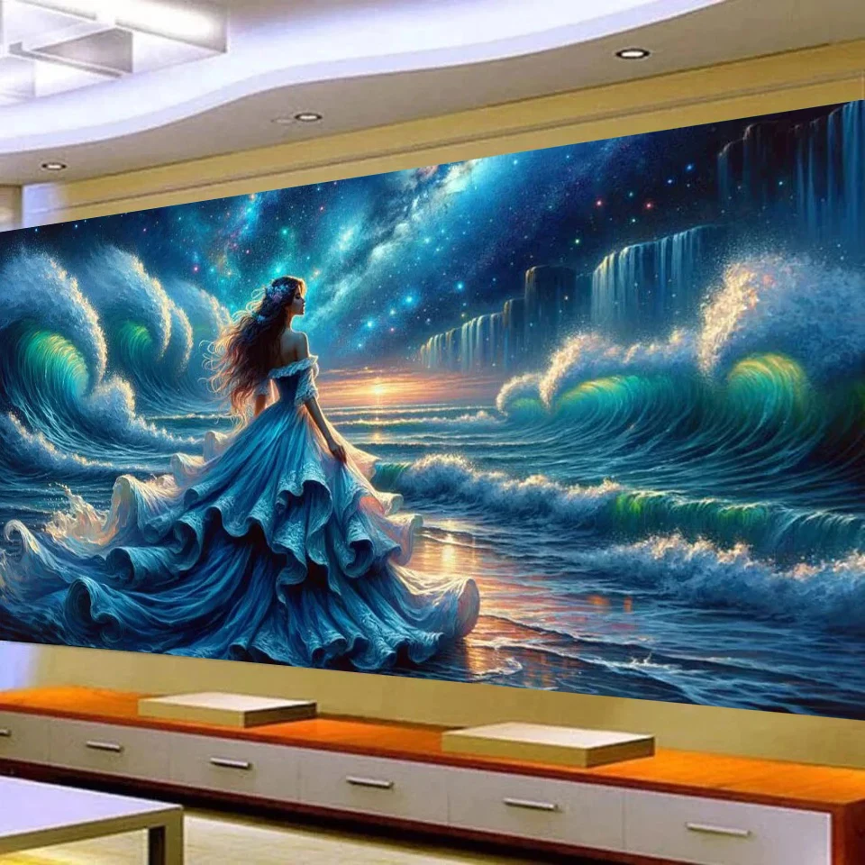 Diamond Painting Beautiful Woman,Long,Fluttering,Wind-Blown Blue Dress, Full Large Diamond Mosaic Embroidery Sale For Decor