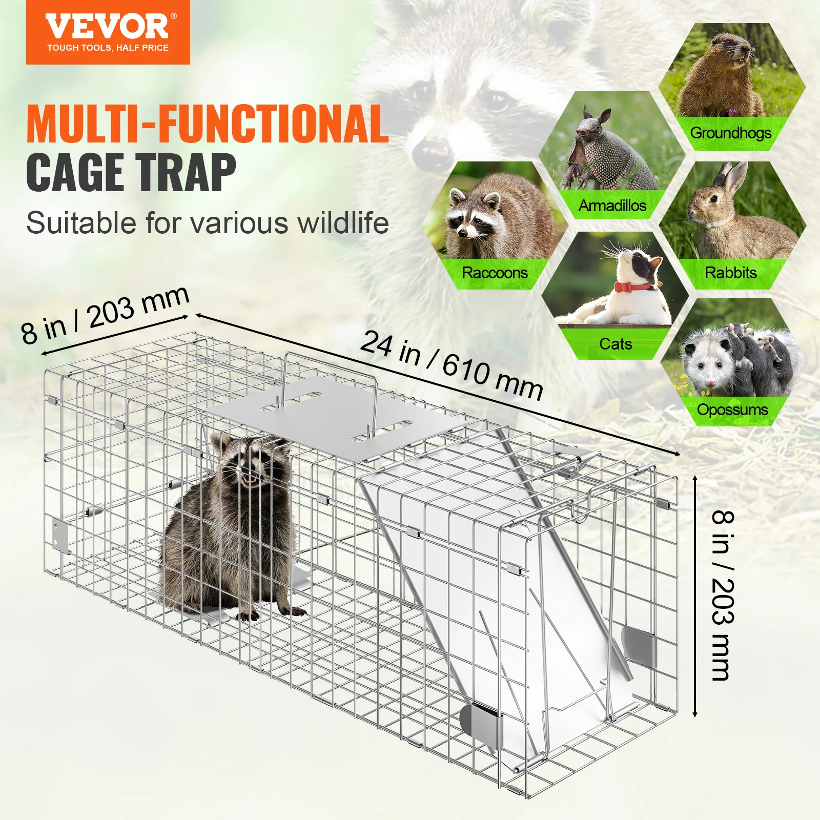 VEVOR Live Animal Cage Trap Humane Cat Rodent Control Folding with Handle for Stray Cats Rabbits Squirrels Raccoons Groundhogs