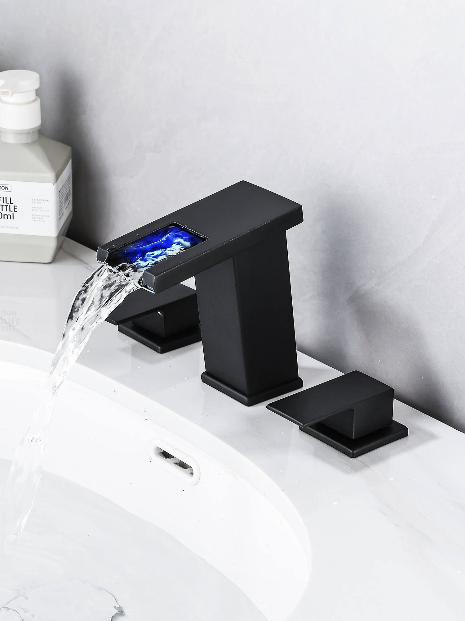 

Widespread Bathroom Faucet with LED Waterfall Spout 3 Hole 8 Inch with Supply Lines Stainless Steel Double Handle