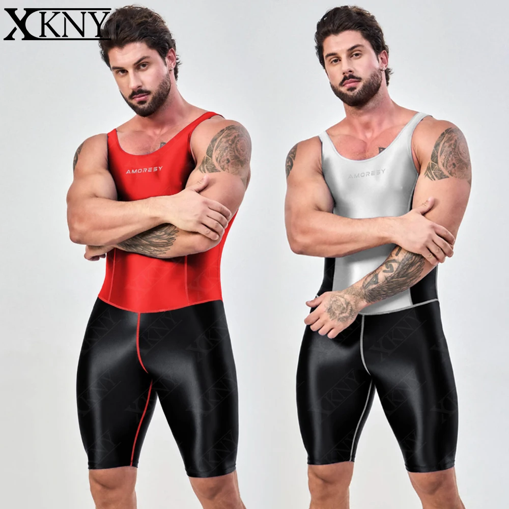AMORESY Satin Glossy men Tight bodysuit color blocked vest cropped pants jumpsuit sport  running fitness clothes