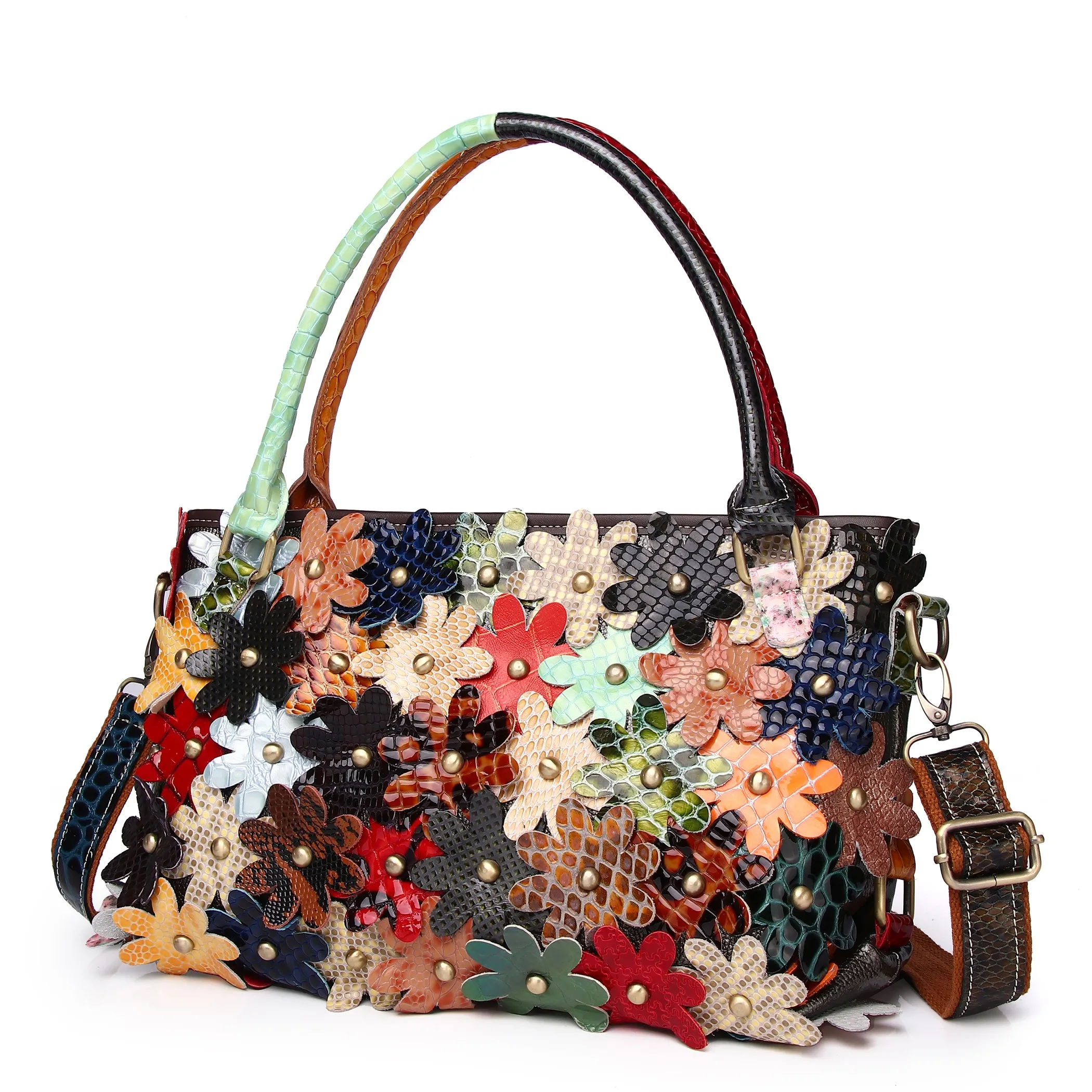 

Casual Leather Snake Skin Pattern Handbag Crossbody Shoulder Bag Fashionable Tote Bag with Floral Color Block Design New Model