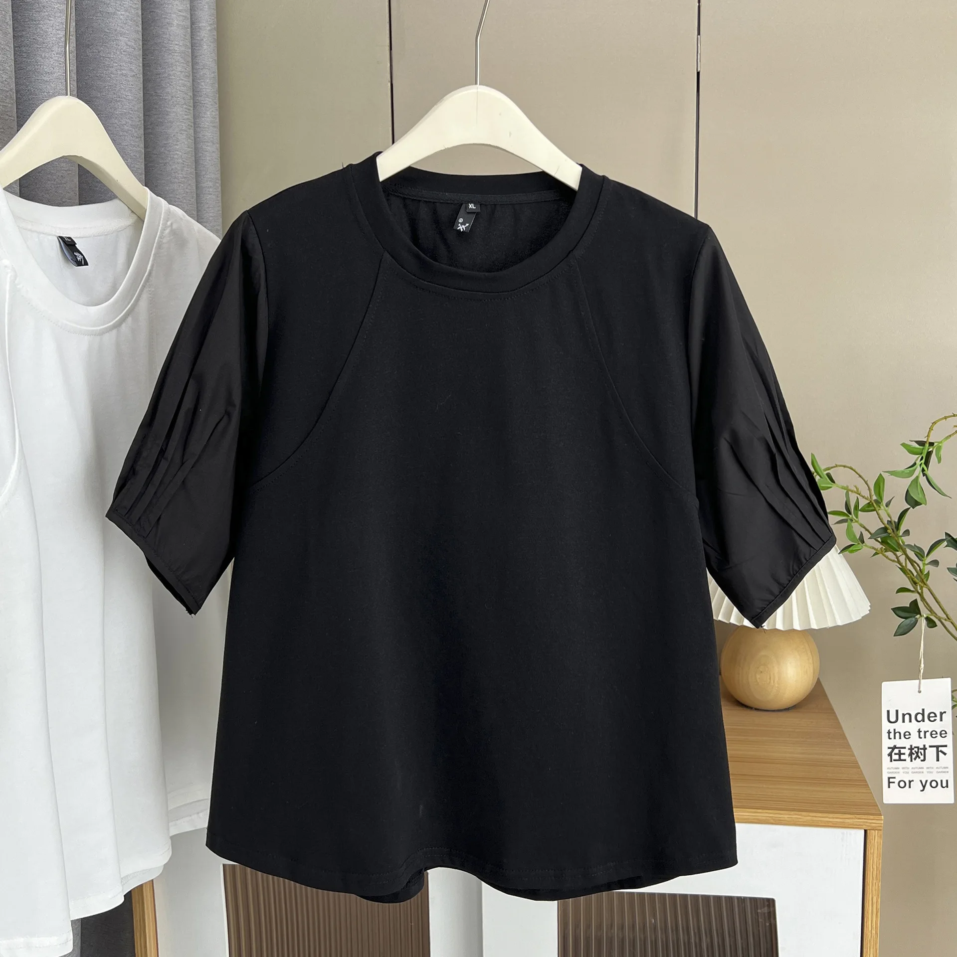 

Летний топ больших размеров, новинка 100 кг, темпераментная простая футболка с круглым вырезом и короткими рукавами, однотонная футболка для женщин 2506