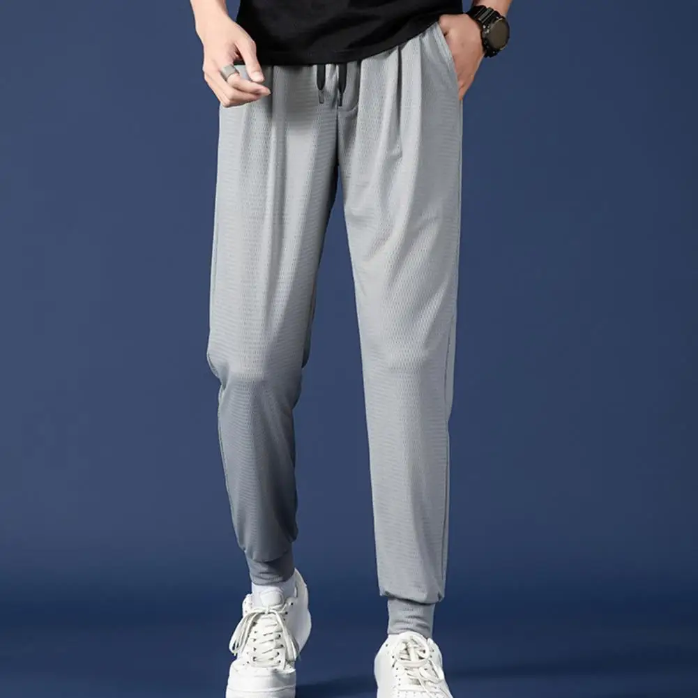 

Solid Color Sport Pants Men's Breathable Mesh Sweatpants with Elastic Drawstring Waist Pockets Lightweight for Streetwear