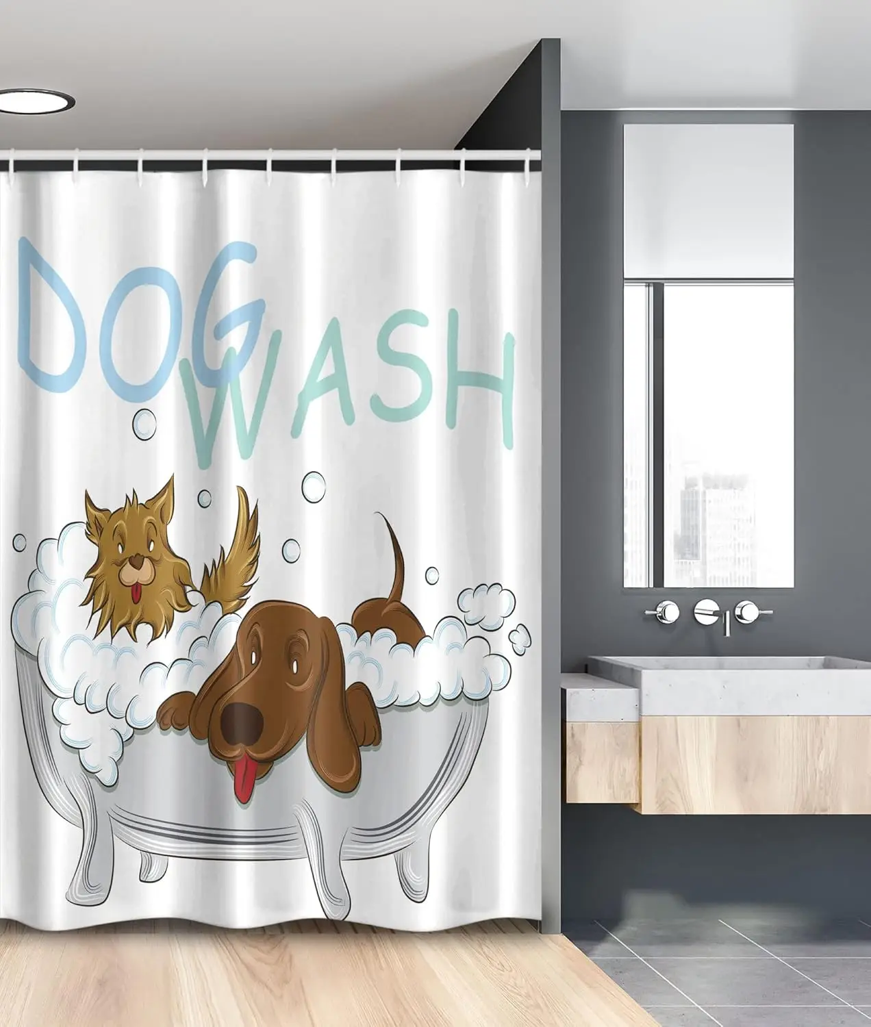 Cat Shower Curtain, Modern Spin on The Term Fishing Goldfish Hunting Humorous Art, Cloth Fabric Bathroom Decor Set with Hooks