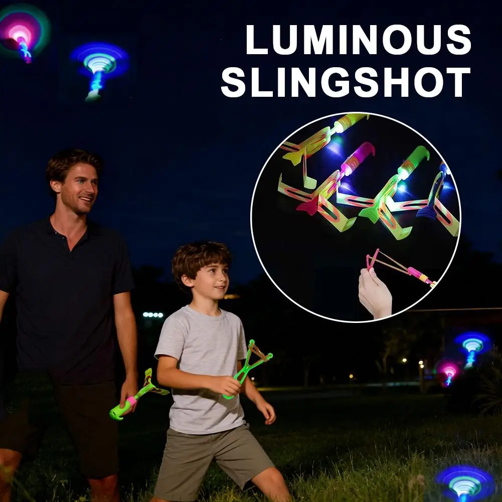 LED Light-Up Propeller Flying Toy Slingshot Launcher Whistling Helicopter Glow In Dark Outdoor Fun Gift For Kids