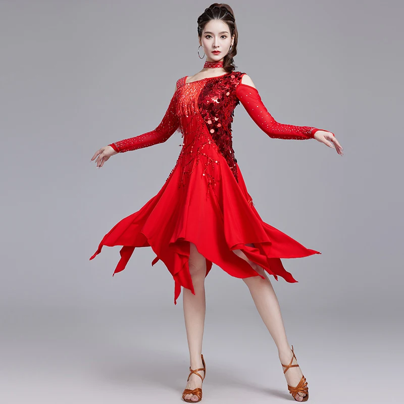 

Latin Dance Practice Dresses Female Sexy Sequin tassel Dress Fishbone Swing Skirt Standard Ballroom Performance Wear XH1227