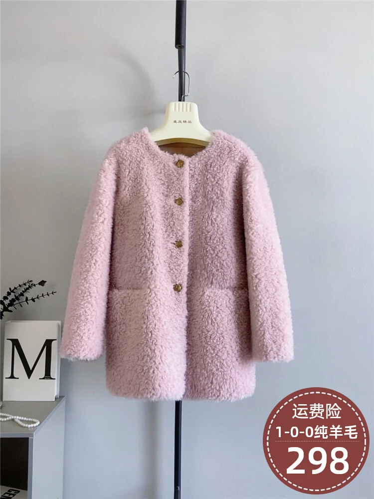 Autumn and winter new pure wool medium long vertical pocket solid color round neck sheep shearing wool lamb wool composite fur