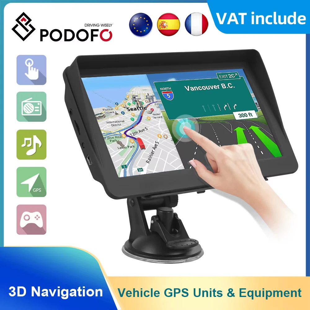 Podofo Car GPS Navigation 7 Inch Touch Screen GPS Navigator Truck Sunshade Sat Nav 256M Europe Map GPS Navigators Support FM