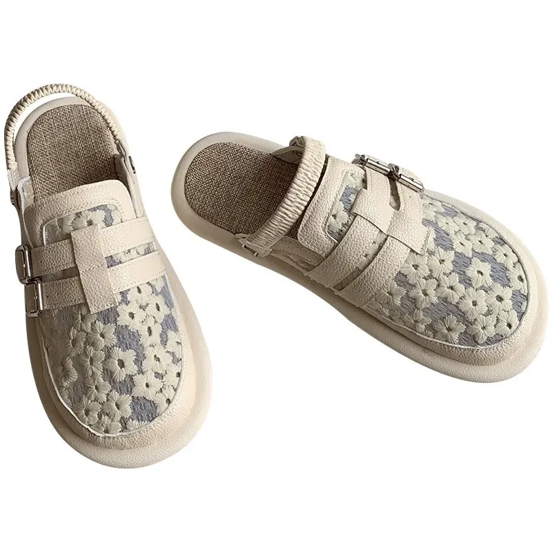 Fashionable Women's Luxury Flat Toe Toe Barefoot Sandals, Summer Mesh Breathable Cotton and Linen Slippers, Casual Beach Shoes