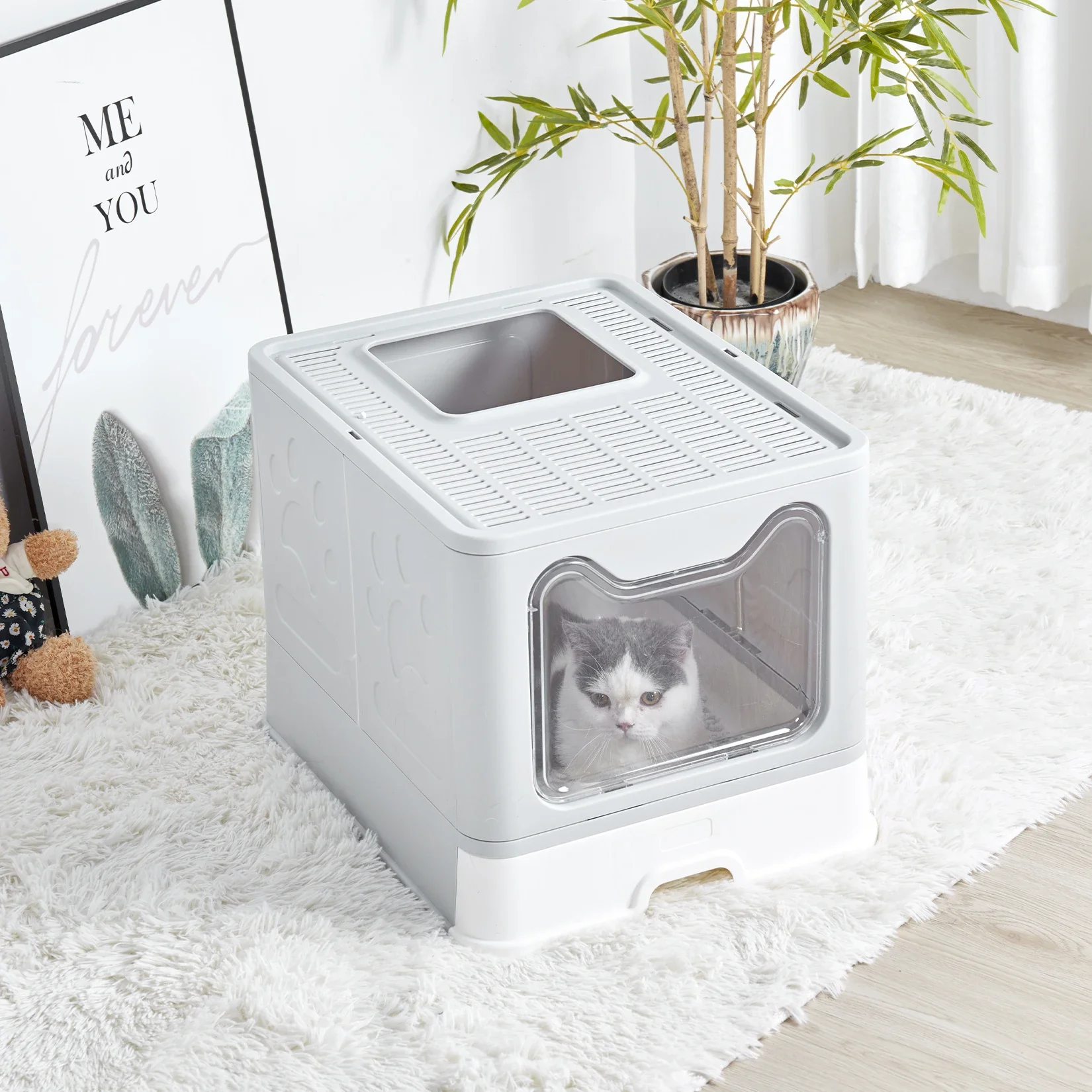 Bingopaw XXL Large Space Foldable Cat Litter Box with Front Entry & Top Exit with Tray view 3