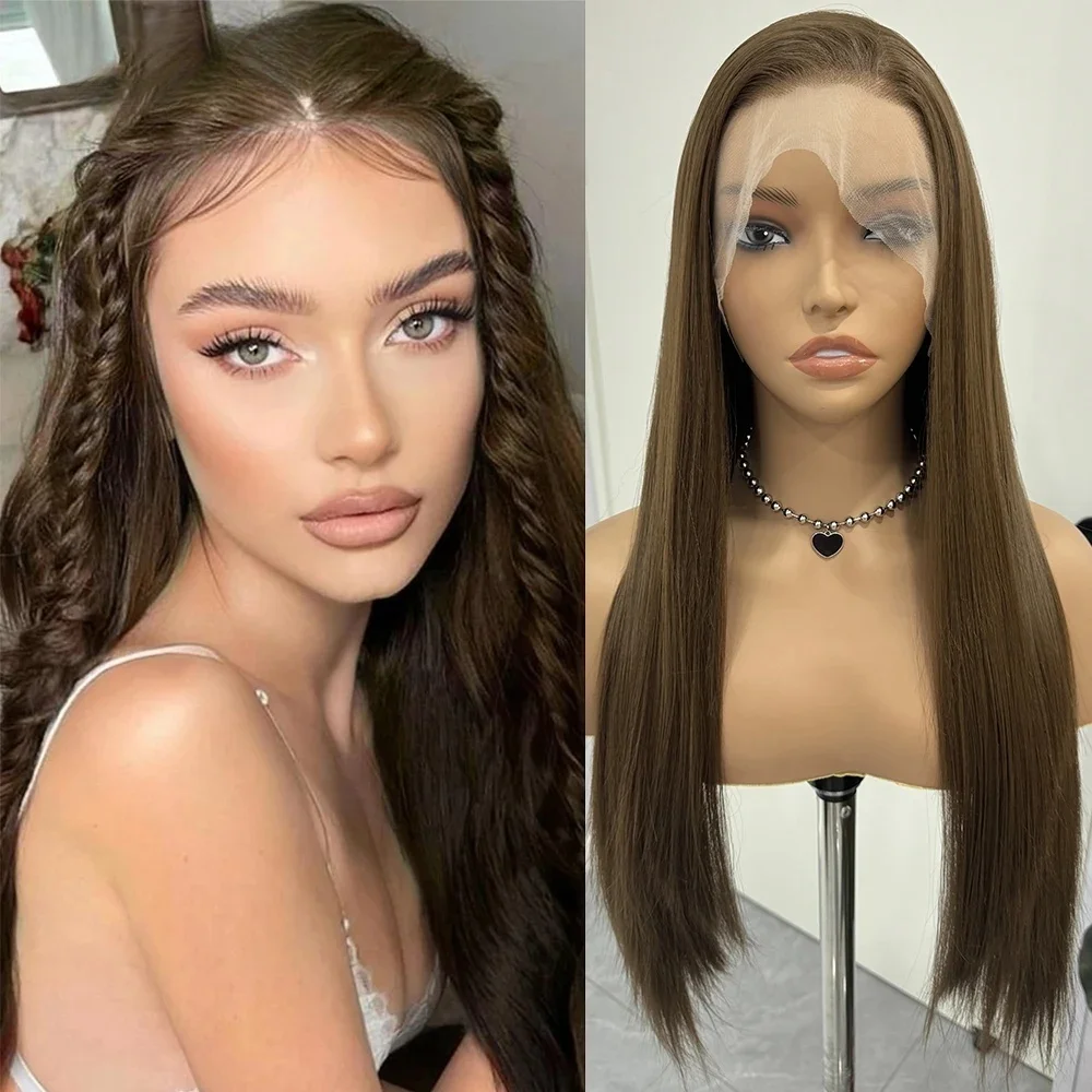 

26Inch Long Straight 200Density Glueless Brown Lace 5x5 Silk Base Human Hair Wig For Women BabyHair Preplucked