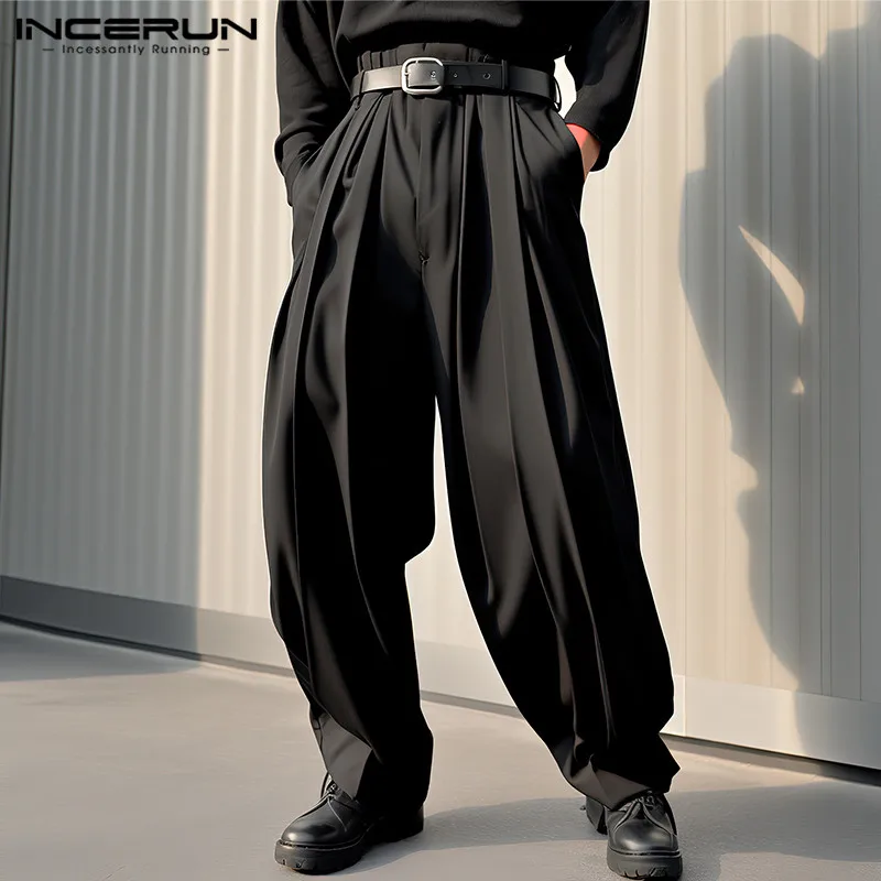 

INCERUN 2024 Korean Style New Men's Trousers Pleated Design Straight Leg Pantalons Casual Streetwear All-match Long Pants S-5XL