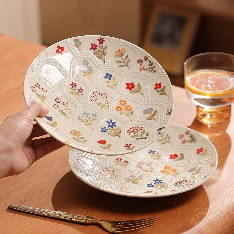Plate Ceramic Relief Delicate Beautiful Ritual Feeling Breakfast Plate Tableware Household High Appearance Level