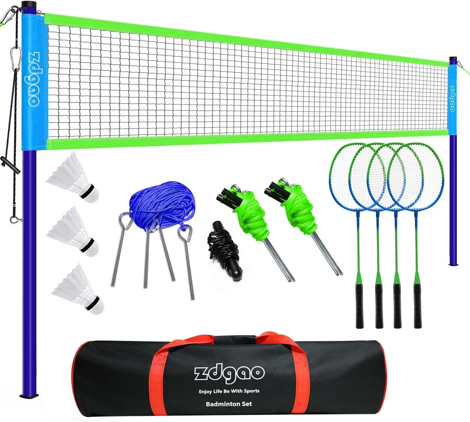 Portable Badminton Set with Adjustable Net, 4 Rackets, Shuttlecocks & Carry Bag for Backyard Family Games