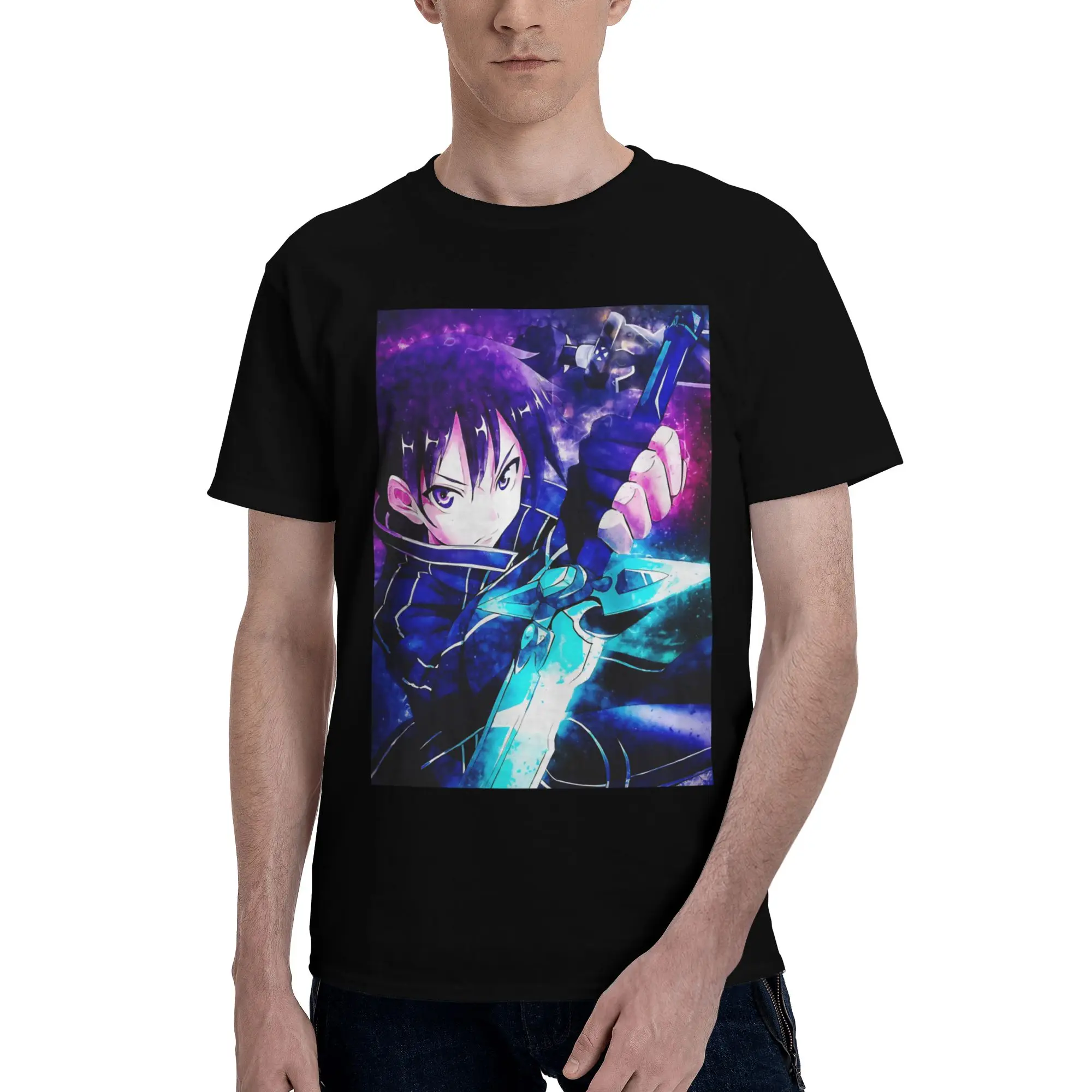 Kirito Blue Aura Neon Cosmic Heroic Focus  Funny Graphic 100% Cotton T-Shirt Bandai SAO Tees Tops For Men