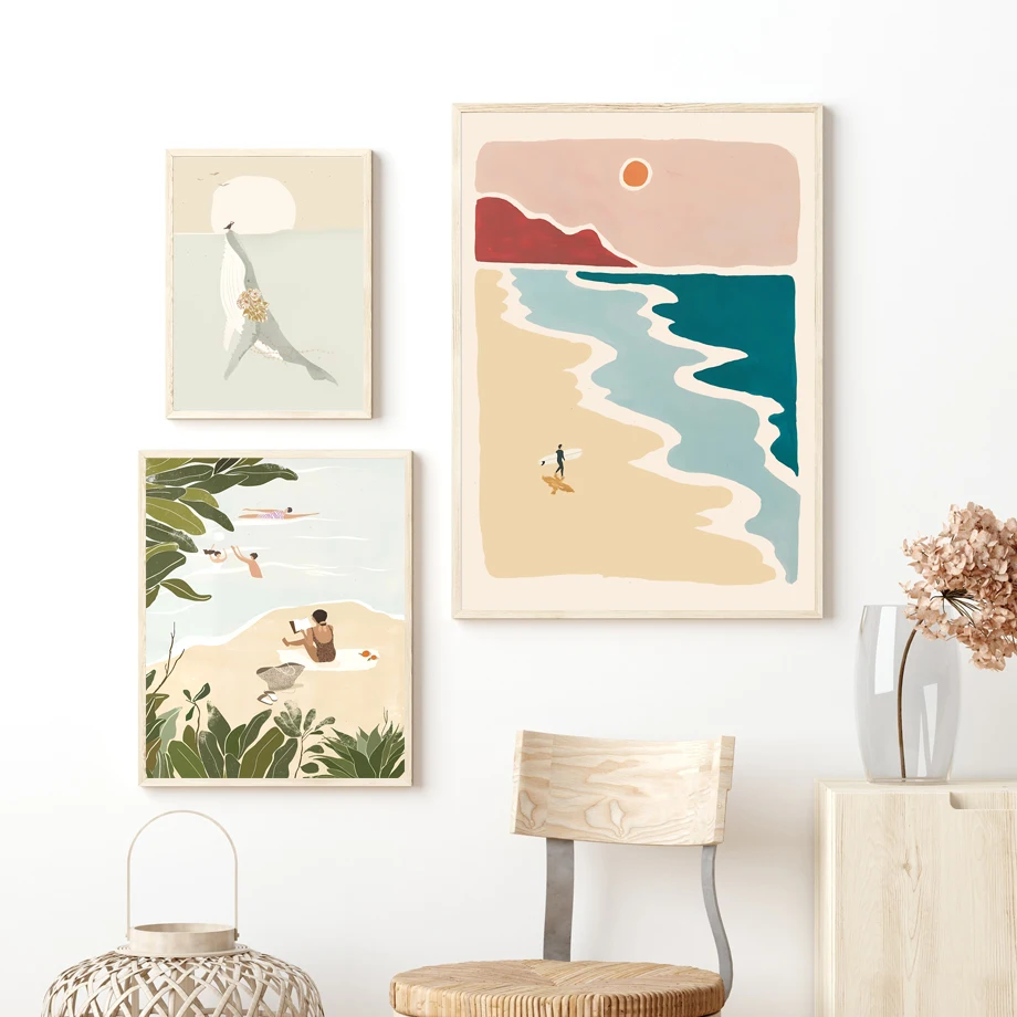 Abstract Summer Beach Surf Whale Vacation Seagull Wall Art Canvas Painting Minimalist Posters Prints Picture Living Room Deco