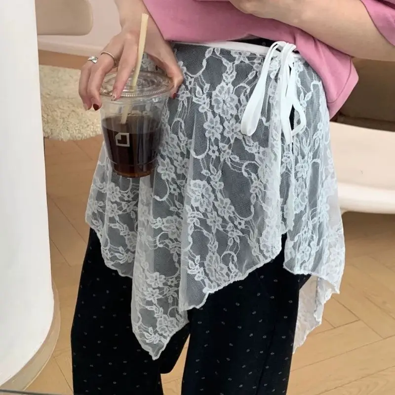 

Lace Apron Skirt Irregular Layered Wrap Skirt Bandage Hip Covering Casual Outer Skirt French Lace Up Short Fart Curtain Skirt