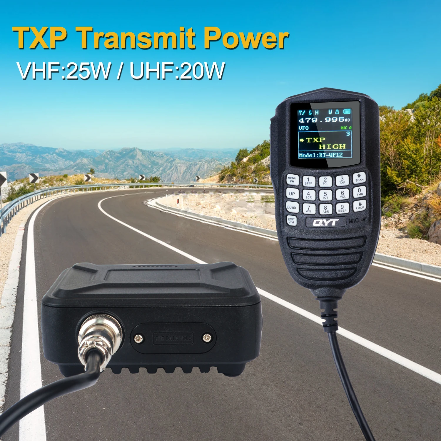 QYT KT-WP12 VHF UHF 136-174MHz 400-480MHz Dual Band 25W 200Chs Mini Car Mobile Radio FM Vox Scrambler Hand Mic Display Operation
