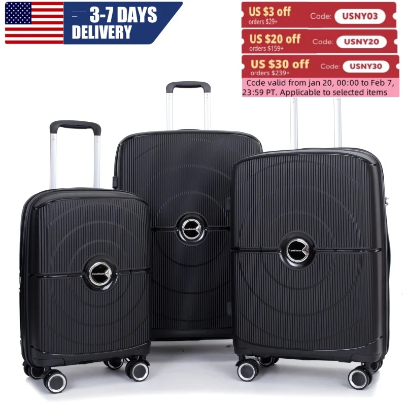 Travelhouse Expandable Hardshell Suitcase Double Spinner Wheels PP Luggage Sets Suitcase with TSA Lock,3-Piece Set (20/24/28）