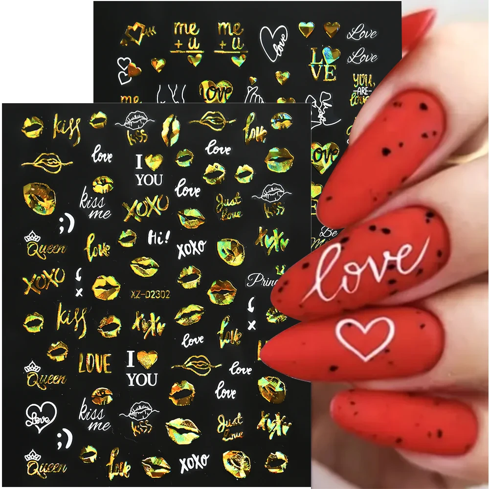 1pc Laser gold/Red Lover Heart 3D Nail Sticker Bronzing Lip/Rose Flower/Letter Self Adhesive Sliders Valentine's Day Decals