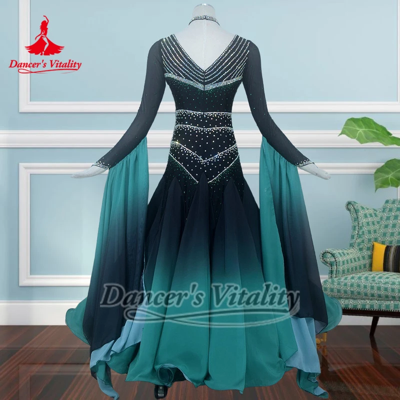 블랙-그린 그라데이션 컬러 포크스트롯 AB 스톤 드레스 맞춤형 성인&어린이 표준 소셜 댄스 대회 의상 댄서의 활력