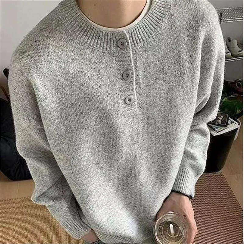 Lazy Style Men's Casual Knitted Sweater Grey Vintage Loose Fit Base Layer Shirt American Retro Autumn Winter New Arrival