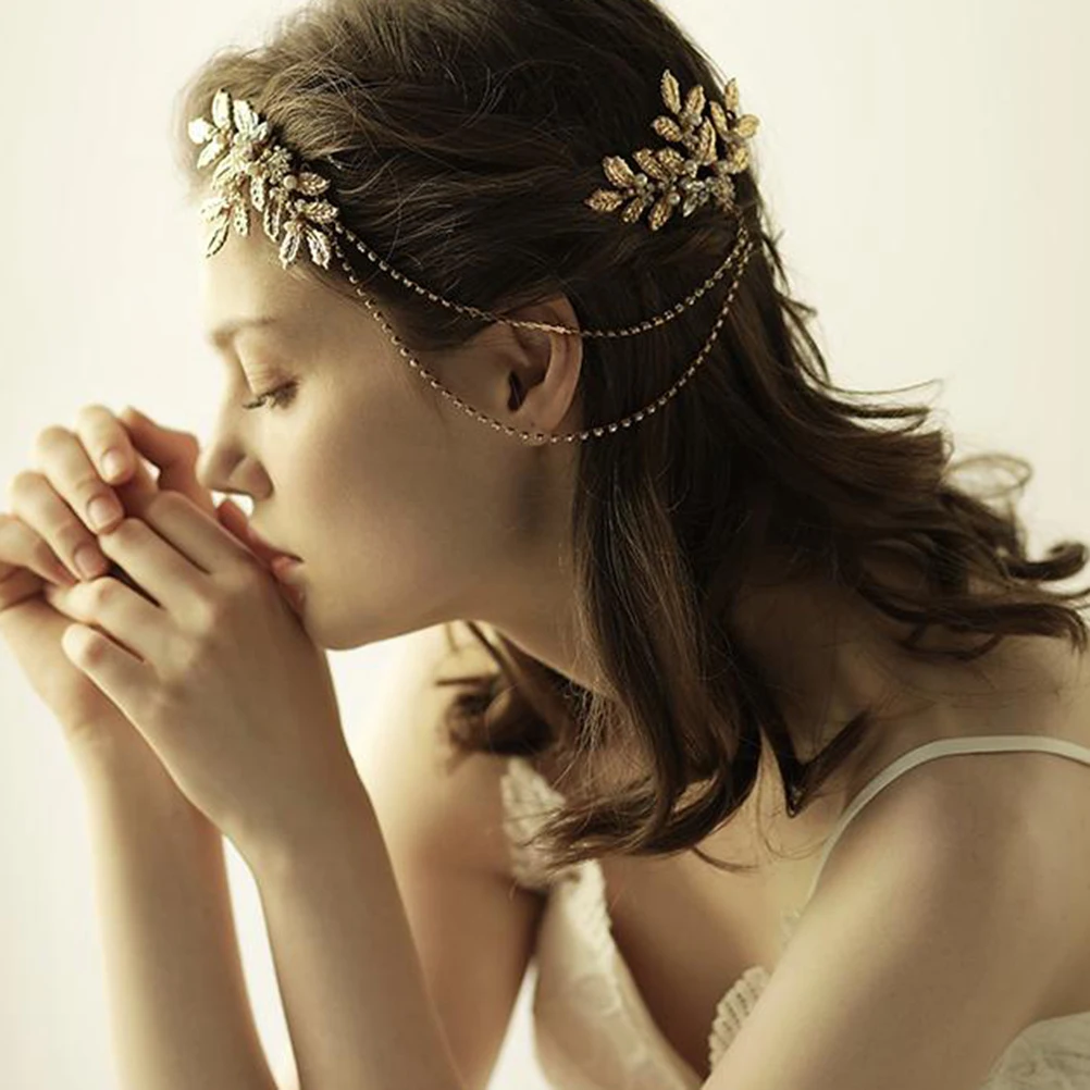 

Golden Leaf Alloy Comb Chain Vintage Forehead Headdress Bridal Wedding Party Frontlet Forehead Jewelry Elegant Hairpiece