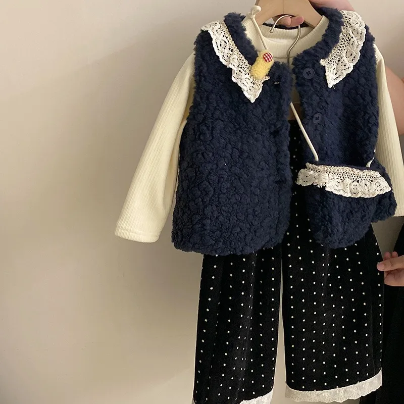 Girls' Korean Version Winter Plush Lace Vest with Plush Base Shirt 2025 Polka Dot Lace Casual Pants Three Piece Set Trendy