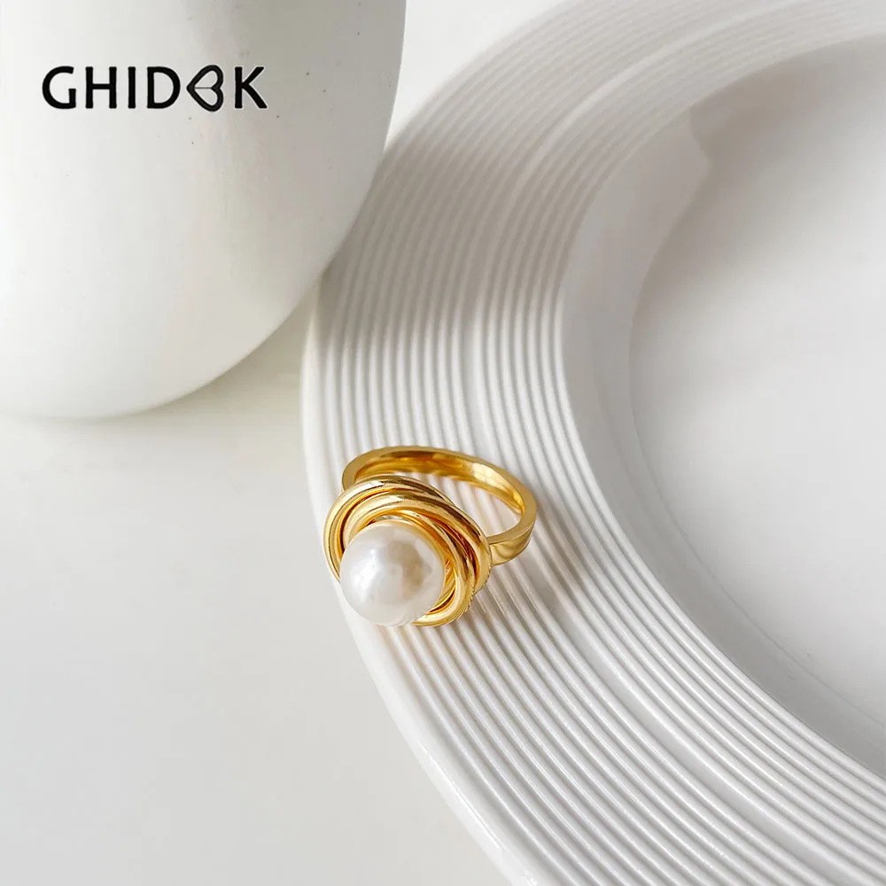 GHIDBK Boho Delicate Natural Shell Stainless Steel Gold Plated Engraved Sun Signet Rings Adjustable Women Waterproof Jewelry