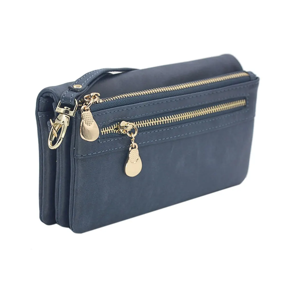 PU Long Wallet Woman Blue Lightweight Zipper Storage Wallet Travel Daily Use Lady Organizer Card Holder String Design