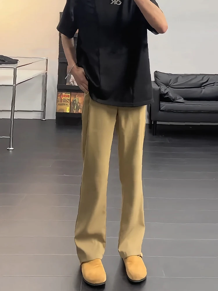 

Мужские брюки из ледяного шелка цвета хаки, прямые, расклешенные, летние, приталенные, костюмные, струящиеся, премиум-класса, повседневные, для подростков