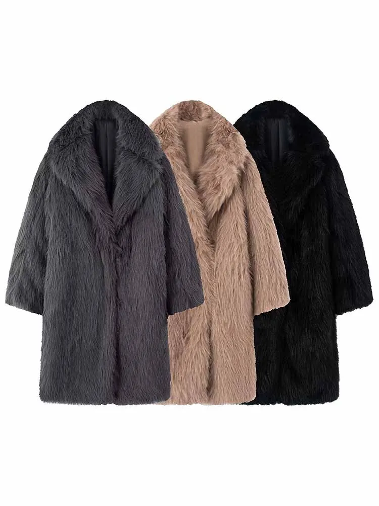 HH Woman Fashion Versatile Warm Long Sleeves Lapel Artificial Imitation Fur Plush Winter Coat Female Casual Comfortable Overcoat