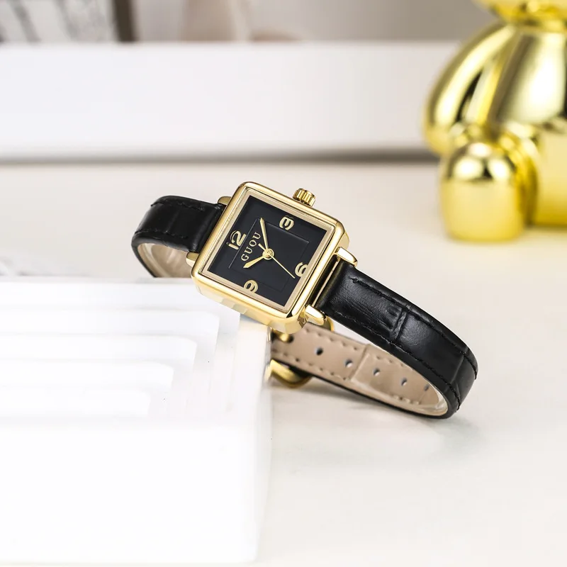 여성용 가죽 스트랩 시계, 고급스럽고 고급스러운 석영 손목시계, 작고 세련된 석영 시계, 여성용 액세서리.